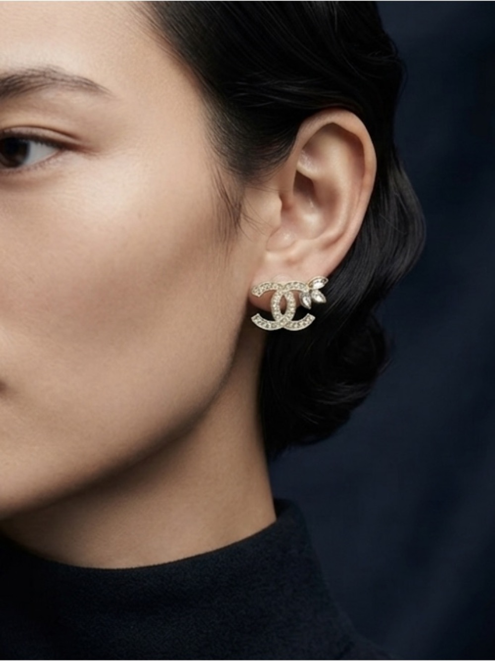 CHANEL Crystal Leaf Stud Earrings